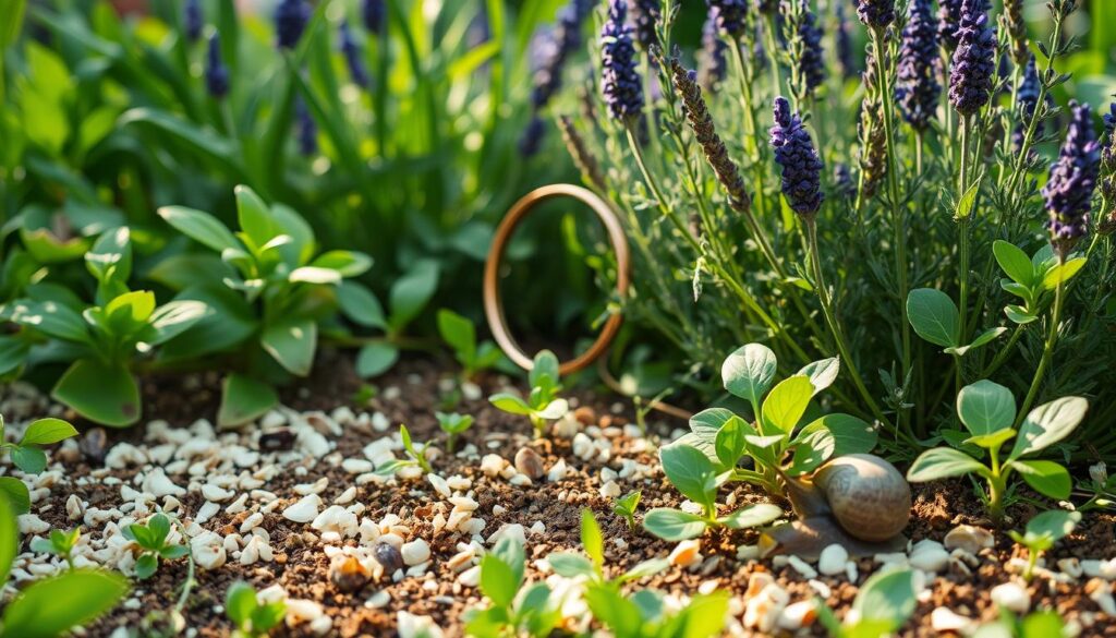 A lush, verdant garden scene showcasing eco-friendly snail deterrents. In the foreground, a scattering of crushed eggshells, coffee grounds, and crushed seashells create a natural barrier around tender plants. In the middle ground, a copper ring gleams in the soft, diffused sunlight, its conductive properties disrupting the snails' slime trails. In the background, a flourishing bed of aromatic herbs - lavender, rosemary, and thyme - release their pungent scents, naturally repelling the slimy pests. The overall atmosphere is one of tranquility and harmonious coexistence, where organic methods reign supreme in the protection of a thriving garden ecosystem.