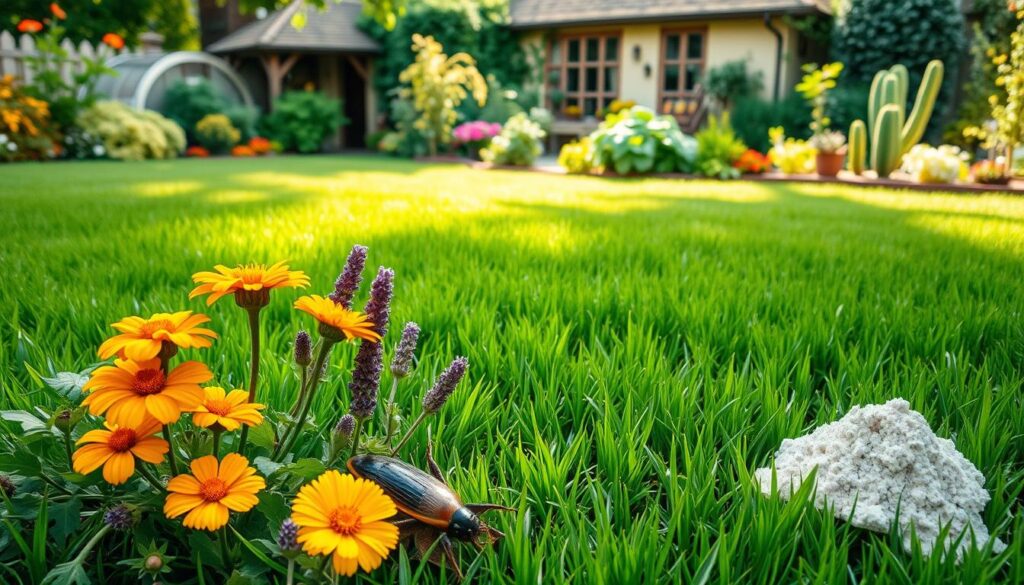 A lush, verdant garden scene showcasing natural remedies for dealing with grubs. In the foreground, an array of organic pest control methods are displayed - companion plants like marigolds and lavender, nematodes, and diatomaceous earth. The middle ground features a healthy, thriving lawn with vibrant green grass. In the background, a cozy cottage with a well-tended vegetable patch and flower beds. Soft, natural lighting filters through the scene, creating a serene, earthy atmosphere. The composition is balanced, with a harmonious blend of colors and textures that evoke a sense of ecological balance and sustainable gardening practices.