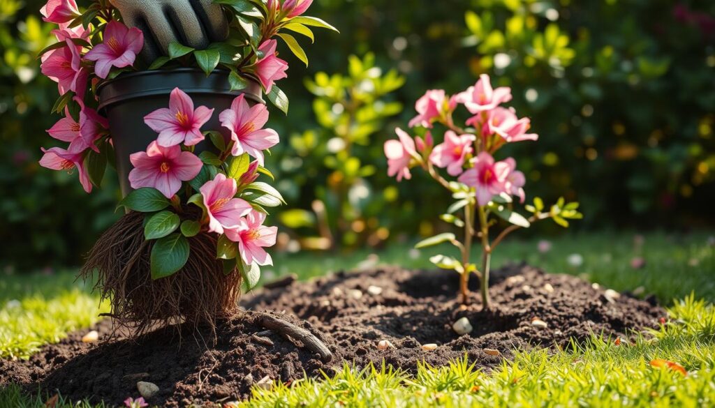 A lush, verdant garden scene with a focus on the repotting of a vibrant, blooming azalea plant. In the foreground, a pair of gloved hands carefully lifts the azalea from its pot, exposing the dense root system. The middle ground showcases the prepared planting hole, surrounded by rich, dark soil and scattered with small stones. In the background, a backdrop of green foliage and soft, dappled sunlight creates a serene, natural atmosphere. The lighting is warm and diffused, highlighting the delicate pink blossoms and the tactile texture of the soil. The composition is balanced, with a sense of care and attention to detail, perfectly capturing the process of transplanting a potted azalea into a flourishing garden.