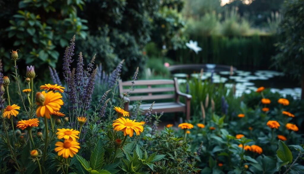 A lush, verdant garden scene with an array of natural mosquito-repelling plants in the foreground, including citronella, lavender, and marigolds. In the middle ground, a wooden bench nestled among the foliage, providing a peaceful seating area. The background features a tranquil pond or water feature, reflecting the soft, warm lighting of a summer evening. The overall atmosphere conveys a sense of natural, chemical-free mosquito control, inviting the viewer to enjoy a calm, outdoor respite.
