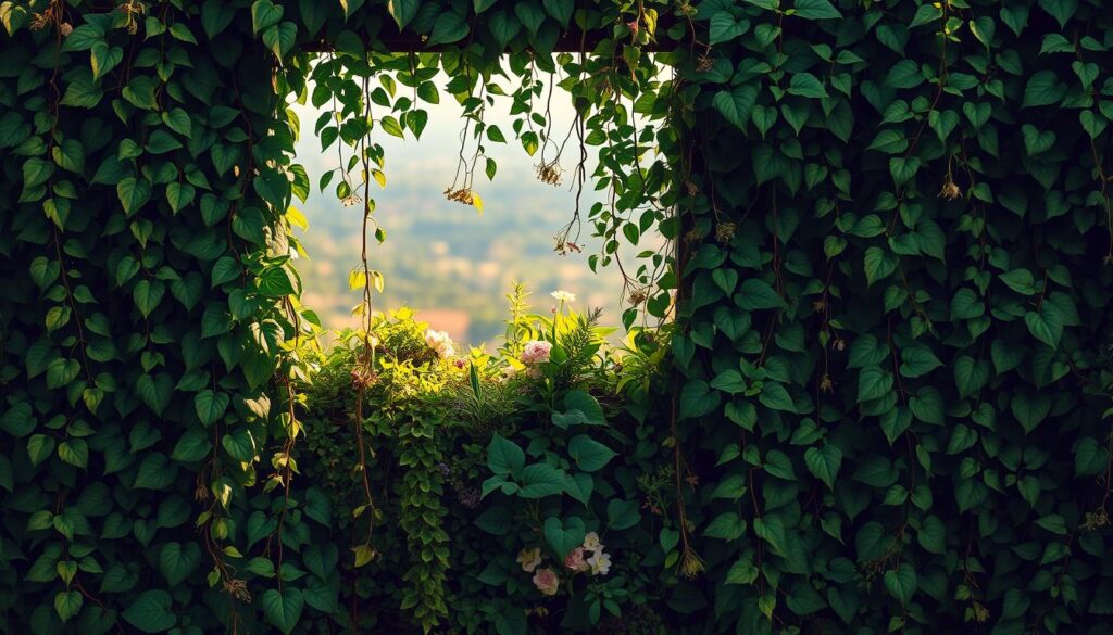 A lush, verdant garden wall with cascading vines and climbing plants. In the foreground, a vibrant tapestry of leaves and tendrils, each meticulously detailed, softly illuminated by warm, natural lighting. The middle ground features a mixture of delicate flowers and verdant foliage, creating a natural, textured pattern. The background is a hazy, out-of-focus landscape, allowing the plants to take center stage. The overall atmosphere is one of tranquility and organic beauty, perfectly masking the unsightly wall beneath. The composition is balanced, with a sense of depth and dimensionality, drawing the viewer's eye through the layers of greenery. A lush, verdant garden wall with cascading vines and climbing plants. In the foreground, a vibrant tapestry of leaves and tendrils, each meticulously detailed, softly illuminated by warm, natural lighting. The middle ground features a mixture of delicate flowers and verdant foliage, creating a natural, textured pattern. The background is a hazy, out-of-focus landscape, allowing the plants to take center stage. The overall atmosphere is one of tranquility and organic beauty, perfectly masking the unsightly wall beneath. The composition is balanced, with a sense of depth and dimensionality, drawing the viewer's eye through the layers of greenery.