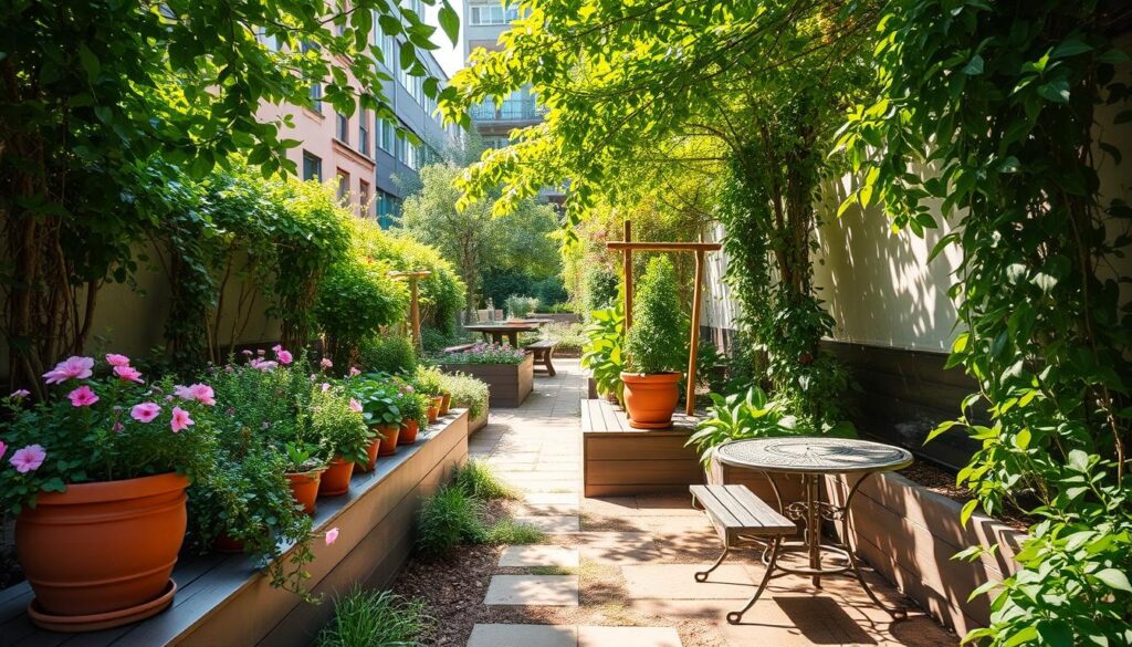 A lush, verdant urban garden nestled amidst towering city buildings. A vibrant oasis with lush greenery, blooming flowers, and a cozy seating area. Dappled sunlight filters through the foliage, casting warm, soft shadows. Terracotta pots brimming with trailing vines and fragrant herbs line the raised garden beds. A small, winding path leads through the serene space, inviting exploration. Wooden benches and a wrought-iron bistro set provide a peaceful retreat from the bustling city. The garden exudes a sense of tranquility and natural beauty, a harmonious blend of the urban and the pastoral.