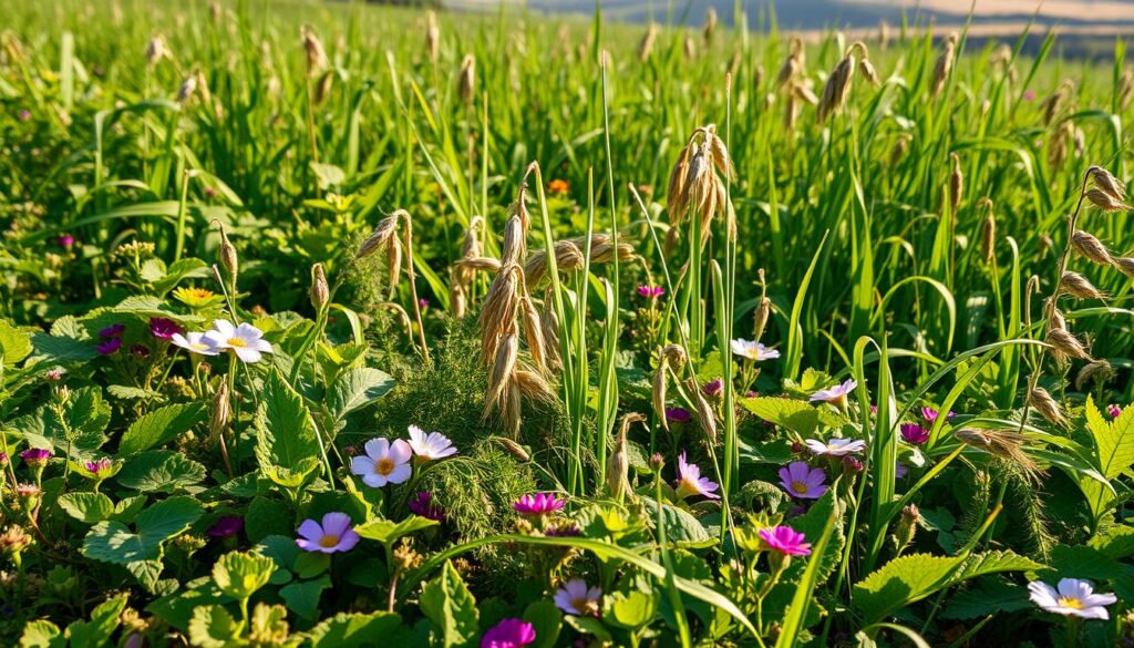 A lush, vibrant field of diverse cover crops, known as "mieszanki poplonowe" in Polish. In the foreground, a mix of leafy greens, vibrant flowers, and trailing vines create a tapestry of textures and colors. The mid-ground features tall, sturdy stalks of plants like buckwheat, radish, and oats, their leaves rustling gently in a soft breeze. In the background, a soft, hazy horizon hints at the rolling hills or garden beds beyond. The lighting is natural and warm, casting a golden glow over the scene, emphasizing the richness and vitality of this living soil amendment. Captured with a wide-angle lens to showcase the depth and diversity of this cover crop mixture.