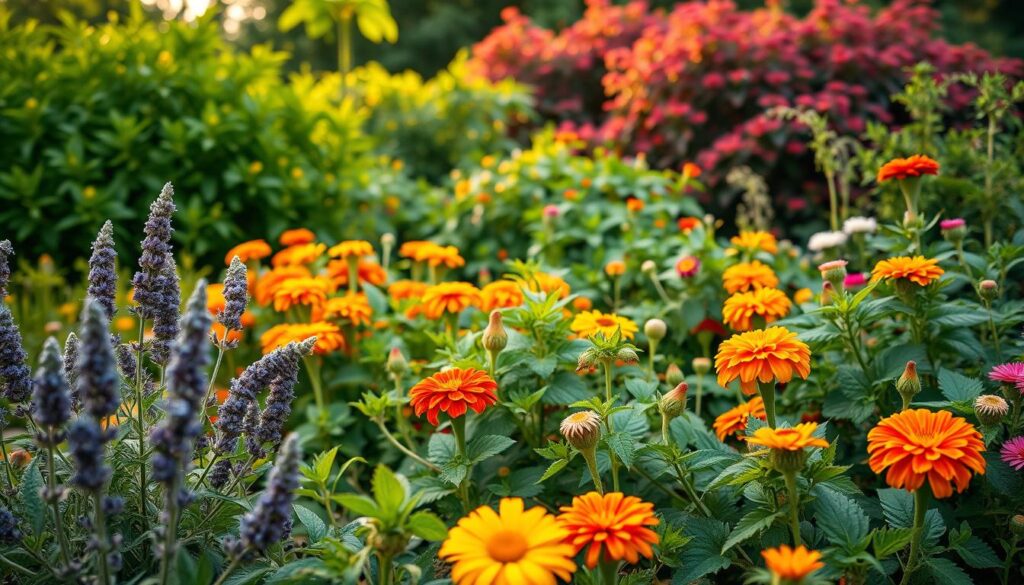 A lush, vibrant garden setting with an array of natural, pest-repelling plants. In the foreground, fragrant herbs like lavender, peppermint, and citronella sway gently in a soft breeze. The middle ground features larger, leafy plants like marigolds and chrysanthemums, their bright blooms adding pops of color. In the background, a variety of foliage-rich shrubs and trees create a verdant, inviting atmosphere. Warm, diffused lighting illuminates the scene, highlighting the rich textures and subtle details of the plant life. The overall composition conveys a sense of harmony and balance, showcasing nature's effective, chemical-free solutions to keeping unwanted garden pests at bay.