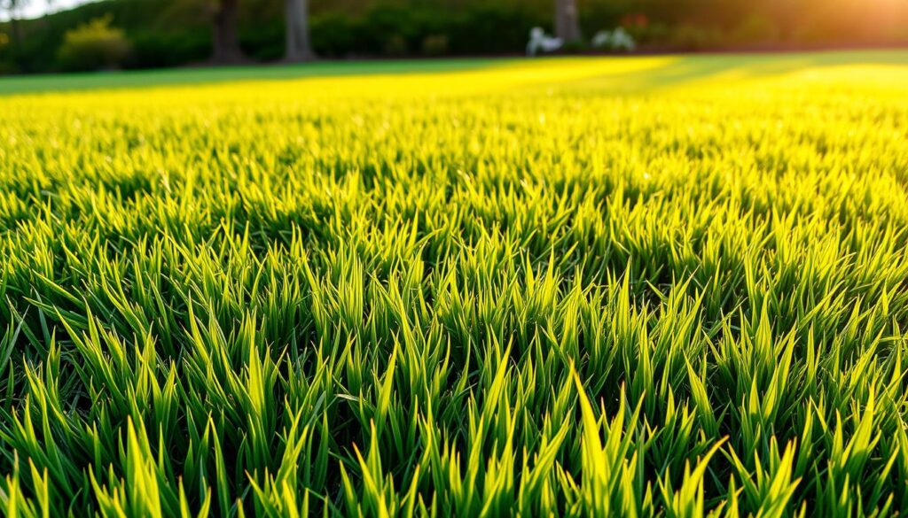 A lush, vibrant lawn cascades down a gently sloping garden escarpment, its verdant blades swaying in the soft breeze. The sun's warm rays illuminate the scene, casting a golden glow over the undulating terrain. In the foreground, individual grass tufts stand tall, their delicate tips shimmering with morning dew. The middle ground showcases the seamless transition from flat ground to the inclined slope, the turf blending effortlessly with the surrounding landscaping. In the background, a well-manicured border of shrubs and perennials frames the image, providing a natural backdrop for this verdant oasis. The overall impression is one of tranquility and harmony, highlighting the beauty and practicality of establishing a lush lawn on a garden escarpment.