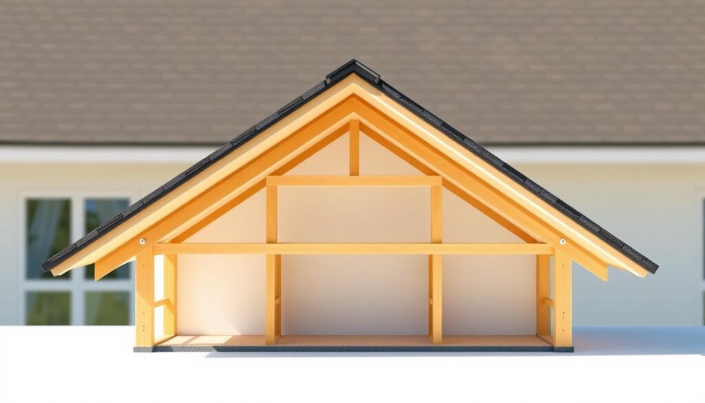 A meticulously detailed cross-section of a classic two-pitched roof, showcasing its precise angle of inclination. The foreground depicts the roof's structural elements in crisp, technical detail, including the ridge, rafters, and shingles. The middle ground reveals the underlying framework, highlighting the roof's pitch and slope. In the background, a softly blurred exterior scene provides context, emphasizing the roof's integration within the building's architecture. The lighting is natural and directional, casting subtle shadows that accentuate the dimensional aspects of the design. This illustration conveys a sense of technical expertise and precise engineering, perfectly suited to visualize the calculations behind the roof's slope.