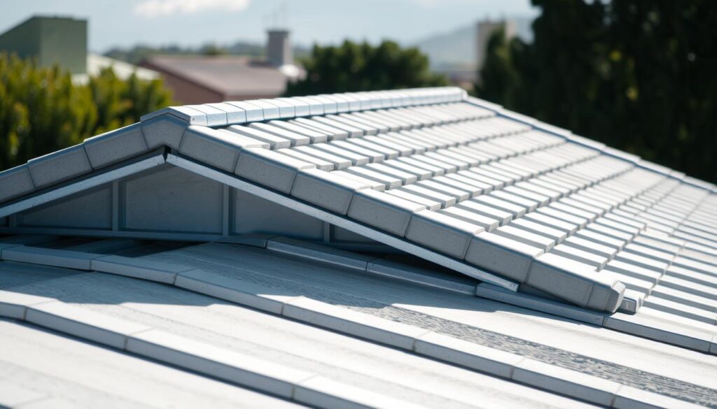 A minimalist rooftop with a gentle slope, bathed in soft natural light. The roof tiles, arranged in a symmetrical pattern, cast subtle shadows across the surface. The roof's angle is just enough to allow for efficient water drainage, creating a harmonious blend of function and form. The surroundings are blurred, keeping the focus solely on the roofline's elegant simplicity. A serene, architectural composition that embodies the essence of a well-designed, low-pitch roof.