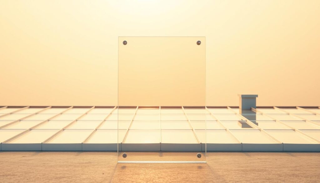 A modern, bright and minimalist image depicting the cost of plexi for a roof. In the foreground, a transparent plexi panel stands prominently, showcasing its material and construction. The middle ground features a well-lit rooftop, with the plexi panel seamlessly integrated into the architecture. The background is a warm, muted color palette, creating a sense of tranquility and focus on the subject. The lighting is natural and diffused, highlighting the clarity and sheen of the plexi material. The composition is balanced, with the plexi panel occupying a central position, conveying its importance within the overall cost and installation process.