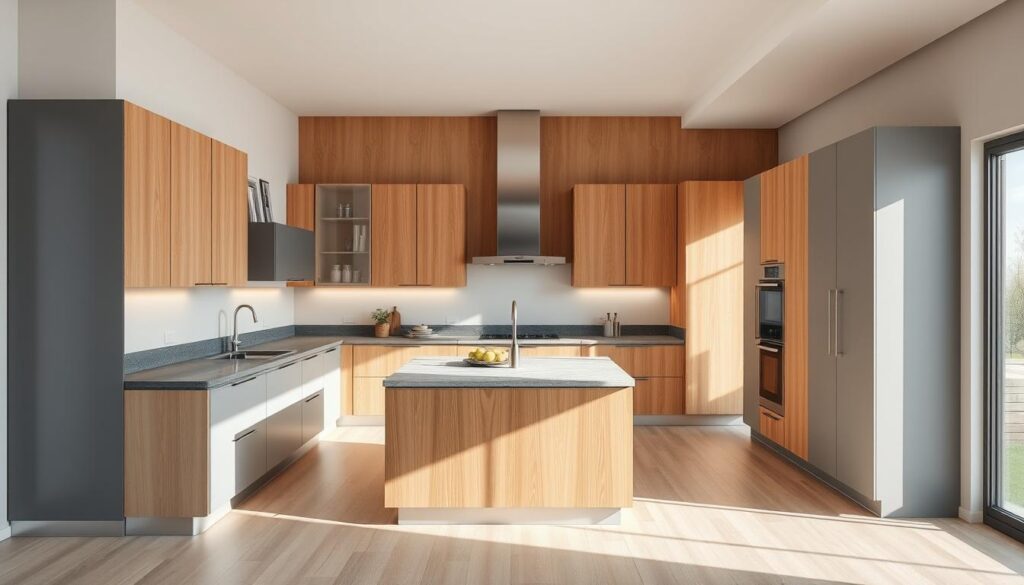 A modern, ergonomic kitchen interior with clean lines and sleek cabinetry. The layout features a u-shaped arrangement with a central island, optimizing workflow and accessibility. Warm wood tones blend seamlessly with muted gray and white accents, creating a harmonious and inviting atmosphere. Ample natural light filters in through large windows, illuminating the space. Stainless steel appliances gleam, complementing the minimalist aesthetic. The scene exudes a sense of functionality, efficiency, and design excellence, perfectly capturing the essence of "projektowanie kuchni". A modern, ergonomic kitchen interior with clean lines and sleek cabinetry. The layout features a u-shaped arrangement with a central island, optimizing workflow and accessibility. Warm wood tones blend seamlessly with muted gray and white accents, creating a harmonious and inviting atmosphere. Ample natural light filters in through large windows, illuminating the space. Stainless steel appliances gleam, complementing the minimalist aesthetic. The scene exudes a sense of functionality, efficiency, and design excellence, perfectly capturing the essence of "projektowanie kuchni".