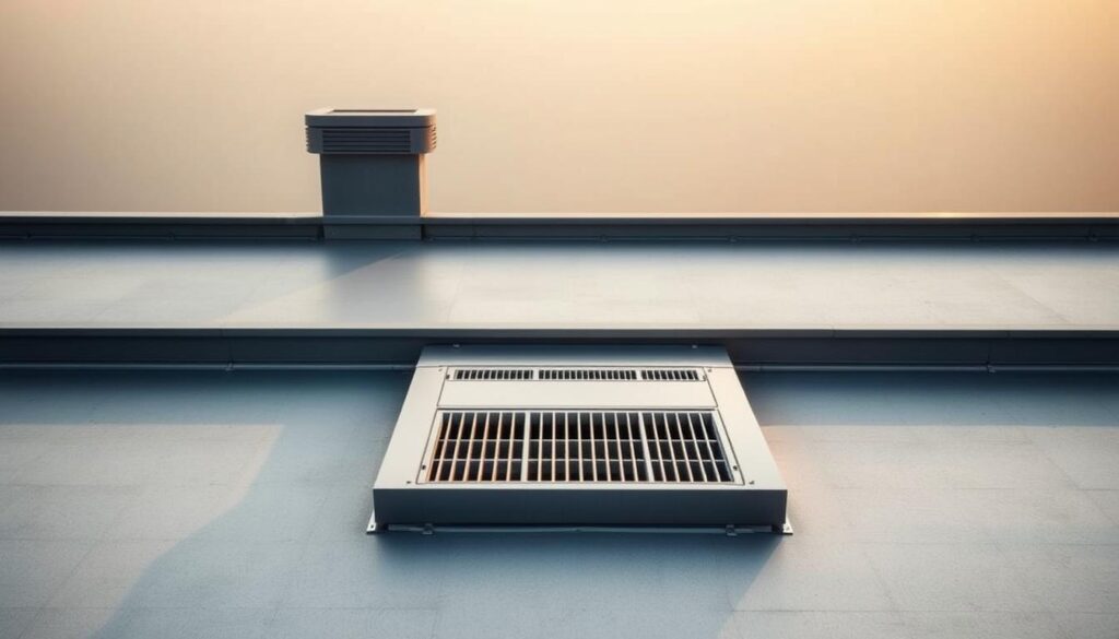 A modern, flat roof with a sleek, minimalist aesthetic, showcasing a prominent drainage system. The roof is constructed with high-quality, durable materials, seamlessly blending form and function. Warm, diffused lighting casts subtle shadows, highlighting the clean lines and precise engineering. The scene evokes a sense of understated elegance, reflecting the sophistication of the alternative roofing solutions presented in the article. The overall composition emphasizes the importance of comprehensive roofing systems that prioritize both insulation and effective water management. A modern, flat roof with a sleek, minimalist aesthetic, showcasing a prominent drainage system. The roof is constructed with high-quality, durable materials, seamlessly blending form and function. Warm, diffused lighting casts subtle shadows, highlighting the clean lines and precise engineering. The scene evokes a sense of understated elegance, reflecting the sophistication of the alternative roofing solutions presented in the article. The overall composition emphasizes the importance of comprehensive roofing systems that prioritize both insulation and effective water management.