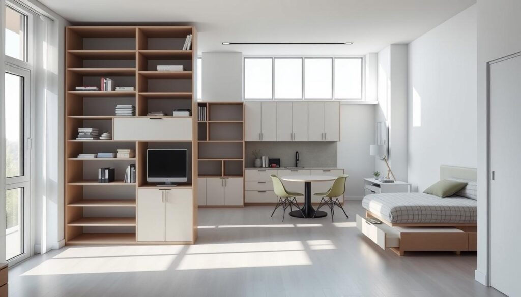 A modern, minimalist apartment interior with a focus on optimizing space and storage. A bright, airy room with large windows, natural light, and clean white walls. In the foreground, a modular, multifunctional furniture piece dominates the space, serving as a bookshelf, storage unit, and room divider. Floating shelves, hidden compartments, and sleek cabinets maximize the available space. The middle ground features a small, round dining table with minimalist chairs, creating a cozy, efficient dining area. In the background, a simple, minimalist bed frame with storage drawers underneath, complemented by a compact desk and chair setup for a home office. The overall atmosphere is one of calm, organized simplicity, showcasing clever spatial optimization techniques for a small living space.