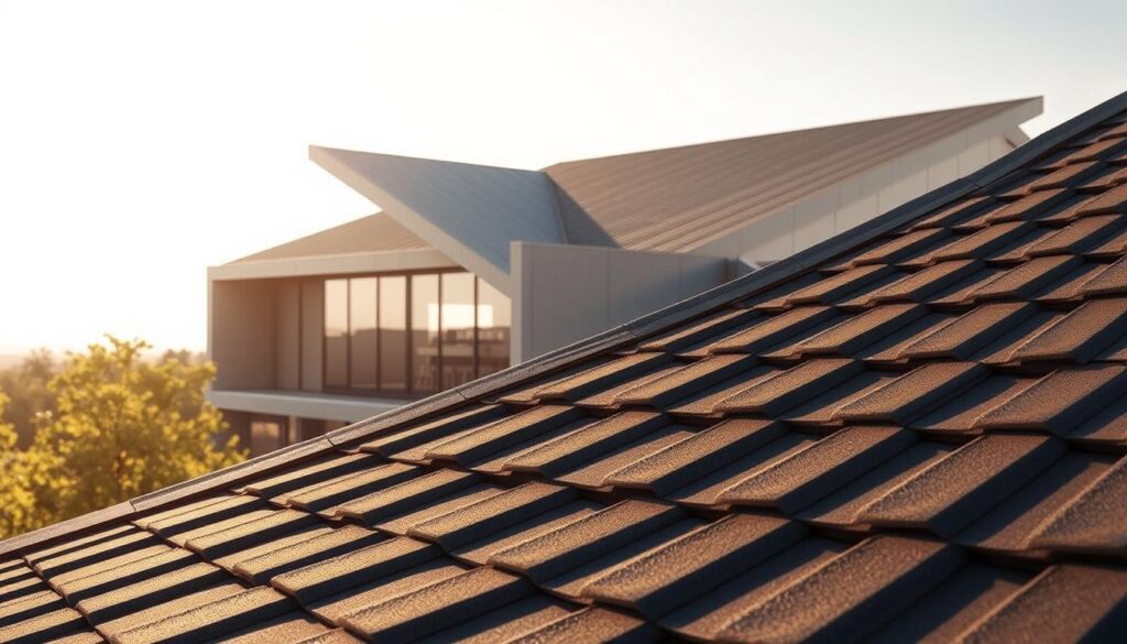 A modern, minimalist architectural scene showcasing two contrasting roof materials - graphite and anthracite. The sleek, angular building is bathed in warm, natural sunlight, highlighting the subtle textures and sheen of the roofing materials. The foreground features a close-up view of the roofing tiles, allowing the viewer to appreciate the distinct visual qualities of each material. The middle ground reveals the full facade of the building, nestled within a serene, lush landscape. The background subtly blends the sky and horizon, creating a calming, cohesive atmosphere. The overall composition emphasizes the visual comparison between the two roofing options, inviting the viewer to contemplate the aesthetic and practical differences between graphite and anthracite.