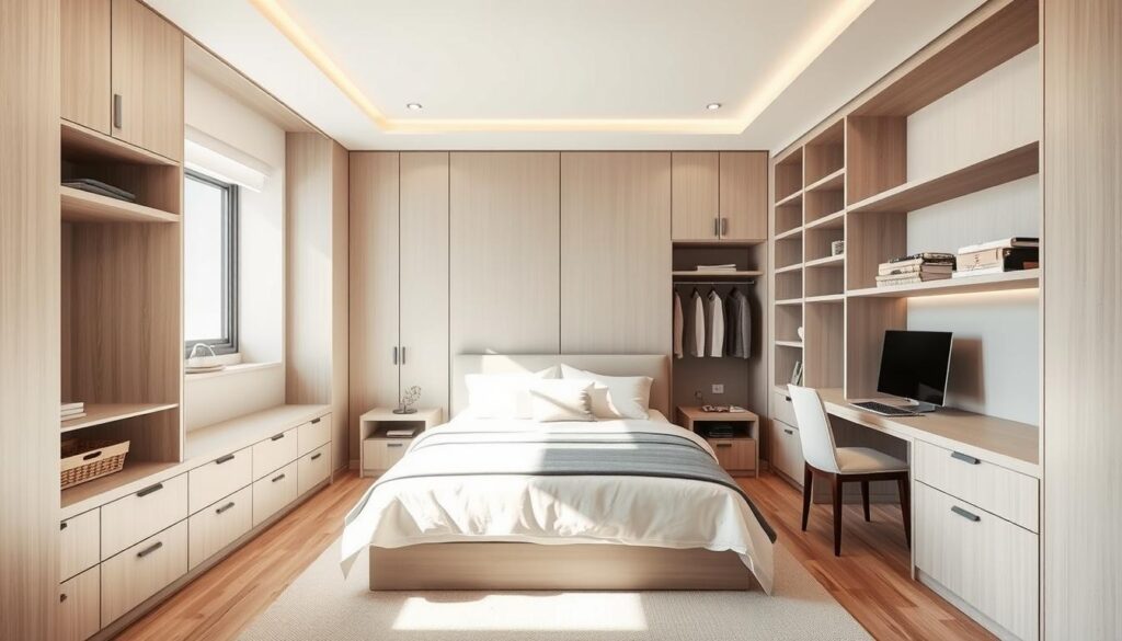 A modern, minimalist bedroom with built-in wardrobes, shelves, and desks crafted to maximize the available space in a compact studio apartment. Soft neutral tones, clean lines, and a mix of open and concealed storage create a harmonious, uncluttered atmosphere. Recessed lighting and a large window flood the room with natural illumination, enhancing the sense of airy openness. The custom-designed cabinetry seamlessly integrates into the architecture, blending functionality and aesthetic appeal to transform the limited square footage into a comfortable, efficient living space.