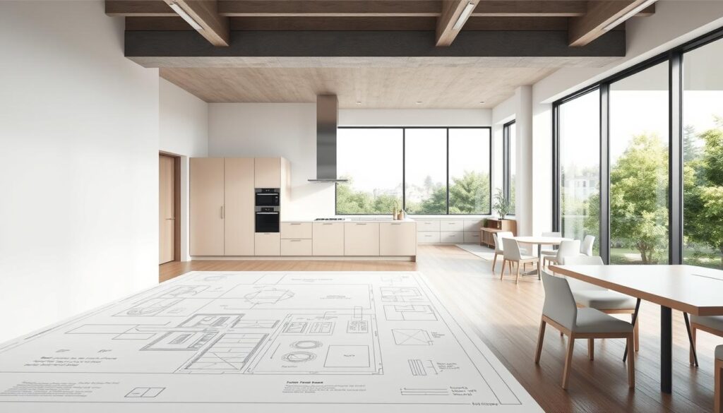 A modern, minimalist kitchen interior with an open, spacious layout. A detailed blueprint-style diagram fills the foreground, showcasing a thoughtful, efficient floor plan with clearly delineated zones for cooking, dining, and storage. Neutral tones and clean lines dominate the scene, creating a calming, organized atmosphere. Indirect lighting casts a soft, even glow, highlighting the carefully considered use of the available square meters. The midground features neatly arranged kitchen appliances and furnishings, while the background reveals large windows overlooking a lush, green outdoor landscape, further enhancing the sense of openness and flow. The overall impression is one of intelligent space planning and optimal functionality within a compact, urban setting.