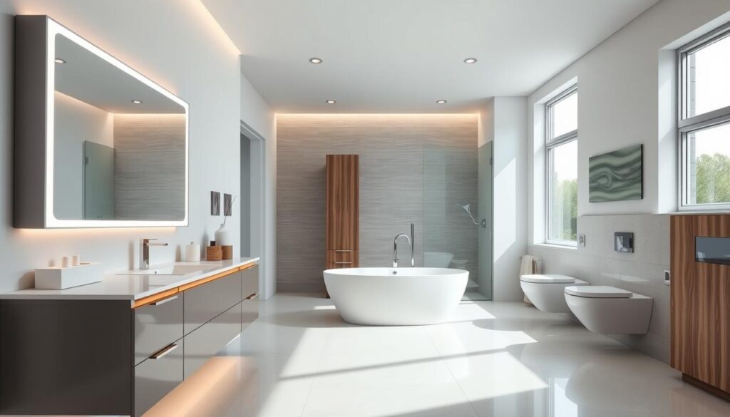 A modern, spacious bathroom interior with stylish, functional bathroom furniture. In the foreground, a sleek vanity unit with a large mirror, integrated lighting, and a minimalist sink. The middle ground features a freestanding bathtub and a tall, narrow cabinet for towels and toiletries. The background showcases a tiled wall with a frameless shower enclosure and a wall-mounted toilet. The lighting is a combination of natural daylight from large windows and soft, indirect LED fixtures, creating a warm, spa-like ambiance. The color palette is a harmonious blend of neutral tones, such as white, gray, and natural wood accents, accentuating the clean, contemporary design.