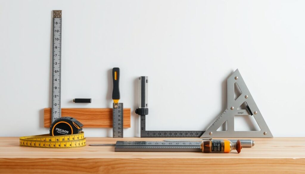 A neatly organized wooden workbench set against a plain white backdrop, showcasing an array of precision measurement tools, including a tape measure, ruler, angle finder, and carpenter's square. The tools are arranged in a visually appealing manner, highlighting their functionality and the care taken in their selection. Soft, diffused lighting casts gentle shadows, emphasizing the textures and details of the tools. The overall composition conveys a sense of professionalism and attention to detail, suitable for illustrating a step-by-step guide on measuring roof trusses.