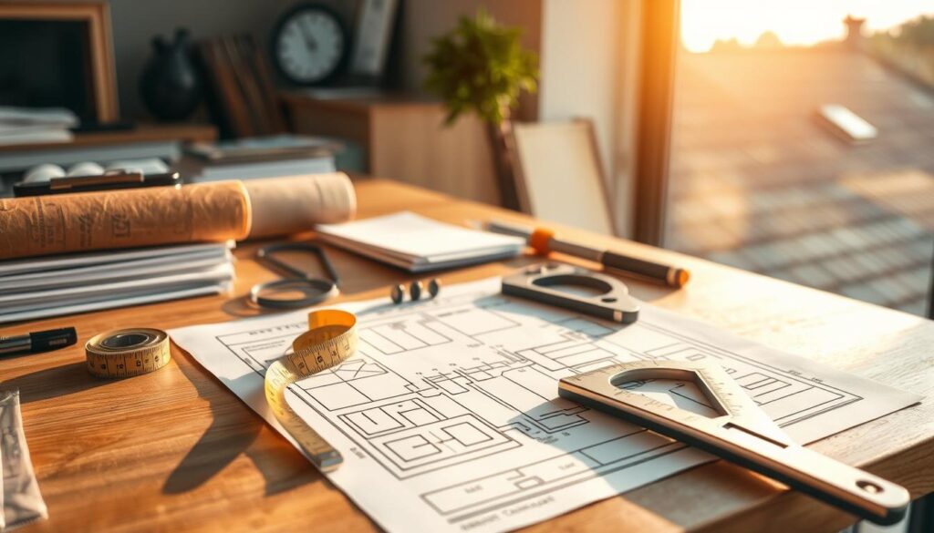 A neatly organized workbench with a roofing plan, measuring tape, protractor, and other essential tools. The scene is bathed in warm, natural lighting, with a large window in the background providing a glimpse of a residential rooftop. The focus is on the preparation process, conveying a sense of precision and attention to detail required for accurately calculating the roof surface area. The atmosphere is one of a professional, methodical approach to the task at hand.
