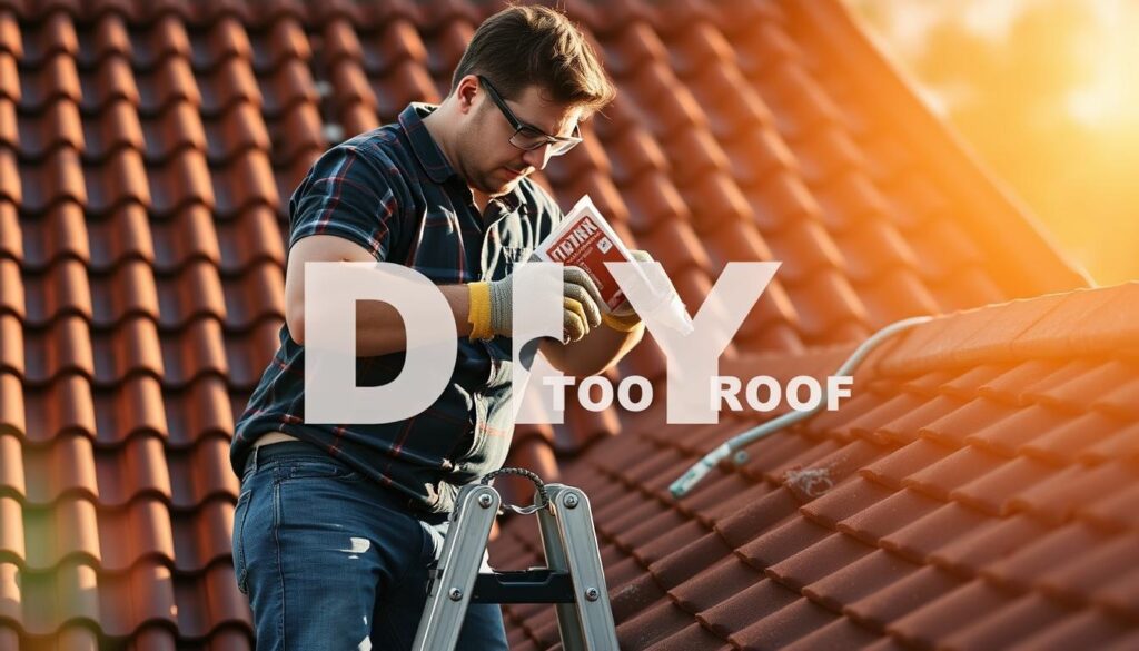 A person working on sealing a roof, standing on a ladder and applying sealant to the roof tiles. The scene is bathed in warm, natural light, casting soft shadows and highlighting the textured surfaces. The background is blurred, emphasizing the focus on the roofing task. The person is wearing protective gear, such as gloves and safety glasses, demonstrating a careful and professional approach. The image conveys a sense of DIY pride and accomplishment, capturing the step-by-step process of independently sealing a roof.