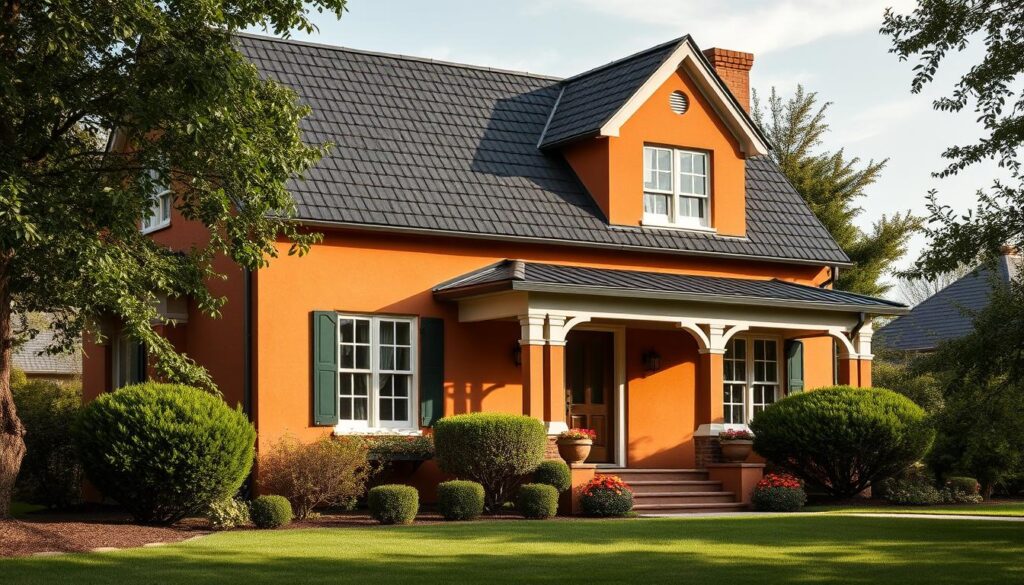 A picturesque residential home with a striking black roof stands against a vibrant backdrop. The exterior walls are adorned with a carefully curated palette of warm, earthy tones - rich terracotta, inviting ochre, and muted sienna. Lush greenery, including carefully pruned shrubs and a manicured lawn, frame the scene, creating a harmonious balance between the built and natural elements. The lighting is soft and diffused, lending a sense of tranquility and timelessness to the composition. This serene setting showcases the perfect synergy between the bold black roof and the complementary hues of the well-chosen facade, offering a visually appealing and inspiring reference for homeowners seeking the ideal exterior color scheme.