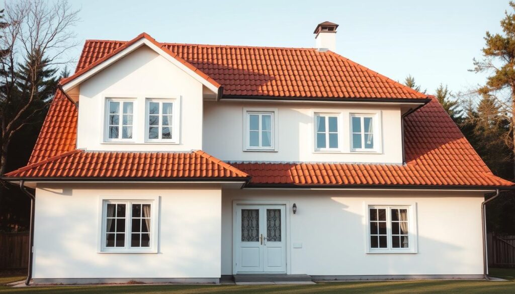 A picturesque two-story house with a warm, earthy brown roof and crisp white windows stands in a serene, natural setting. The clean, minimalist facade features a smooth, light-colored exterior that complements the roof and windows perfectly. Soft, diffused natural lighting illuminates the scene, casting gentle shadows and highlighting the textural details of the materials. The overall composition creates a harmonious, inviting atmosphere, perfectly embodying the idea of a "brązowy dach białe okna jaka elewacja" - a timeless and elegant architectural combination.
