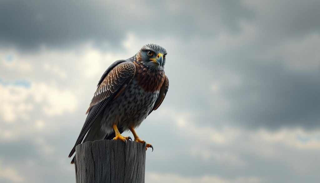 A realistic, highly detailed 3D render of a lifelike avian predator, such as a falcon or hawk, perched on a weathered wooden post or branch. The predator should have intense, piercing eyes, sharp talons, and textured feathers that appear photorealistic. The scene should be set against a backdrop of a cloudy, overcast sky, creating an ominous and foreboding atmosphere. Subtle ambient lighting should illuminate the predator, highlighting its powerful and imposing presence. The overall composition should convey a sense of danger and the potential threat the predator poses to its prey, effectively eliciting the fear and aversion of birds like pigeons. A realistic, highly detailed 3D render of a lifelike avian predator, such as a falcon or hawk, perched on a weathered wooden post or branch. The predator should have intense, piercing eyes, sharp talons, and textured feathers that appear photorealistic. The scene should be set against a backdrop of a cloudy, overcast sky, creating an ominous and foreboding atmosphere. Subtle ambient lighting should illuminate the predator, highlighting its powerful and imposing presence. The overall composition should convey a sense of danger and the potential threat the predator poses to its prey, effectively eliciting the fear and aversion of birds like pigeons.