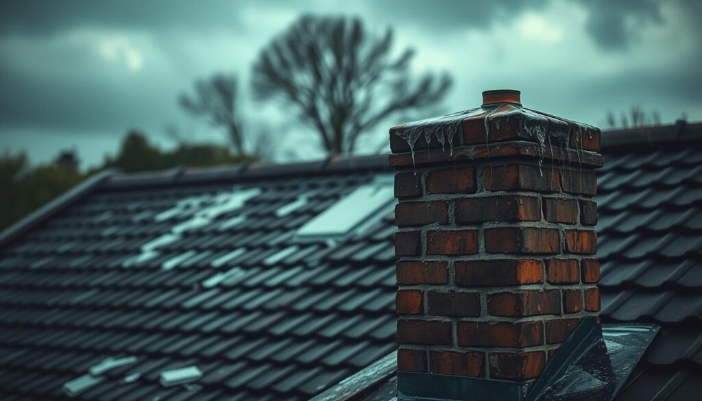 A roof with a leaky chimney, rainwater dripping down the brickwork, puddles forming on the tiles. The scene is dimly lit, with a moody, overcast sky casting long shadows. The chimney stands out in the foreground, its aging mortar crumbling, allowing water to seep through. In the middle ground, water damage is visible on the roof, staining the tiles. The background is blurred, drawing the viewer's attention to the problematic chimney. The overall atmosphere conveys a sense of neglect and the need for a repair, highlighting the dangers of an unsealed chimney.