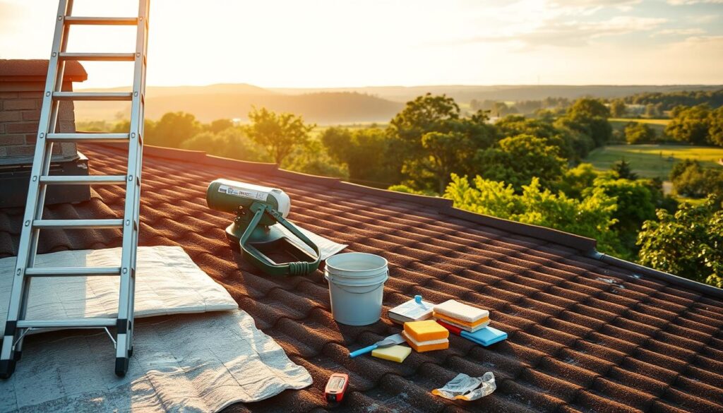 A rooftop with various roofing materials and tools neatly arranged, bathed in warm, diffused sunlight. In the foreground, a ladder leans against the house, ready for access. In the middle ground, a bucket, sponges, and cleaning supplies sit on the ground, indicating preparation for a thorough roof washing. The background showcases the surrounding landscape, with lush greenery and a cloudless sky, creating a peaceful, serene atmosphere. The overall composition emphasizes the importance of proper preparation and attention to detail when undertaking the task of cleaning a roof.
