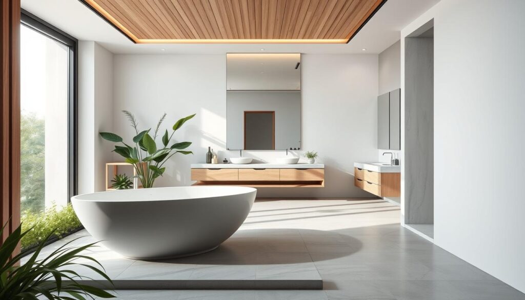 A serene and elegant bathroom interior with a minimalist, spa-like aesthetic. The foreground features a large, free-standing bathtub in a sleek, modern design, surrounded by lush greenery and natural elements. The middle ground showcases a spacious vanity with a large mirror, clean lines, and modern fixtures. The background is filled with soft, natural lighting, creating a calming and rejuvenating atmosphere. The color palette is dominated by soothing tones of white, gray, and natural wood, with accents of greenery to bring a sense of tranquility. The overall composition conveys a harmonious and visually appealing design that inspires relaxation and well-being.