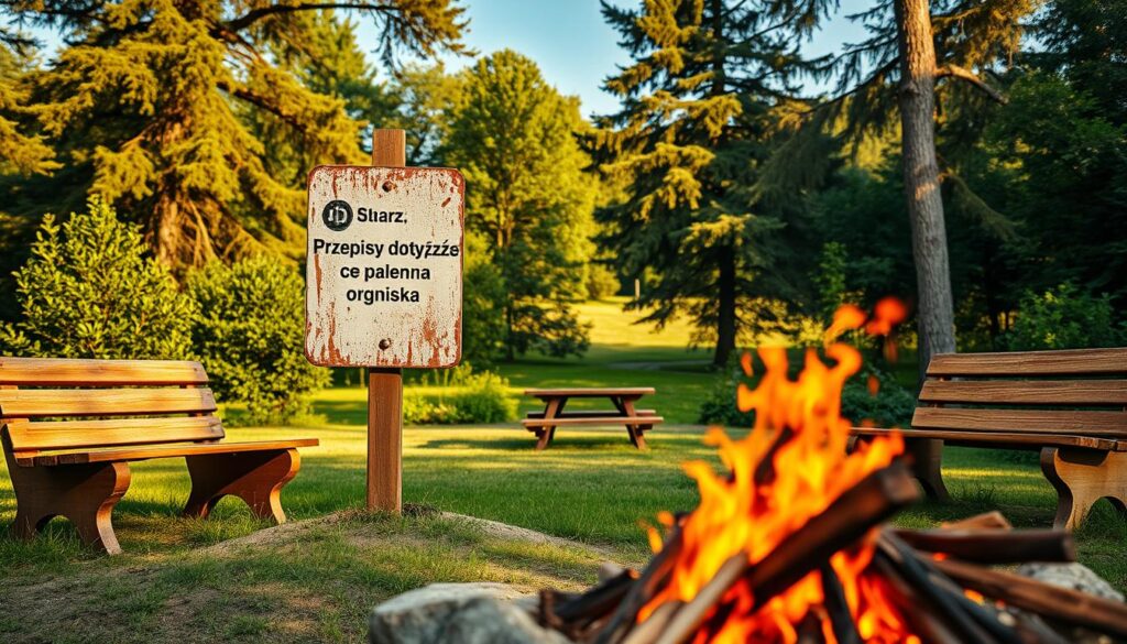 A serene backyard scene with a crackling campfire in the foreground, surrounded by a few wooden benches and a table. In the middle ground, a weathered signpost outlines the local regulations for outdoor fires - the "Przepisy dotyczące palenia ogniska". Behind it, a lush, verdant landscape with towering trees and a clear, starry sky, creating a cozy and peaceful atmosphere. Warm, natural lighting casts a golden glow over the entire setting, emphasizing the rustic charm. The composition is balanced, with the signpost commanding attention while the fire and nature elements complement each other seamlessly.