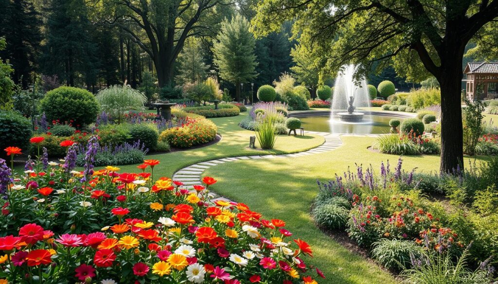 A serene, lush garden landscape with diverse flora and whimsical design elements. In the foreground, a meticulously planned flower bed bursts with vibrant blooms in a harmonious color palette. Meandering pathways weave through the middle ground, inviting exploration. In the background, a soothing water feature reflects the dappled sunlight filtering through the canopy of mature trees. The overall mood is one of tranquility and carefully curated natural beauty, perfectly capturing the essence of "projekty ogrodów" and inspiring thoughtful garden design.
