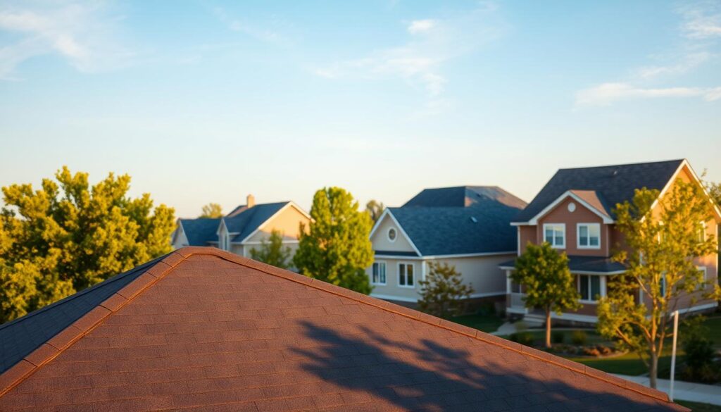 A serene residential neighborhood, with a row of well-maintained houses, their roofs glistening in the warm, golden sunlight. In the foreground, a focus on a single house, its roof meticulously crafted in a deep, charcoal-gray color, seamlessly blending with the surrounding environment. The roofing material casts subtle shadows, adding depth and texture to the scene. In the middle ground, other houses with varying roof hues, from slate-blue to earthy-brown, creating a harmonious palette that complements the lush, green foliage of the trees and manicured lawns. The background features a cloudless sky, painted in soft, tranquil shades of azure, completing the picturesque, suburban setting.