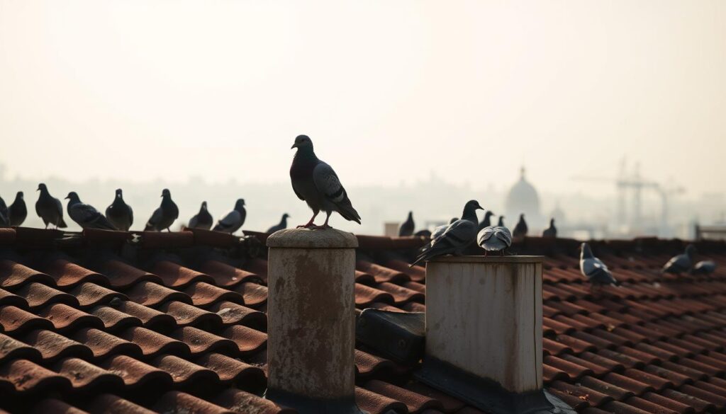 A serene rooftop scene, with a flock of pigeons perched on the edge of the tiled roof. The midday sun casts a warm glow, illuminating the birds' iridescent feathers. In the foreground, a weathered chimney stack stands as a focal point, while the background features a hazy city skyline. The overall mood is one of tranquility, yet the viewer is left with a sense of the need to address the pigeon problem in a humane and effective manner. A serene rooftop scene, with a flock of pigeons perched on the edge of the tiled roof. The midday sun casts a warm glow, illuminating the birds' iridescent feathers. In the foreground, a weathered chimney stack stands as a focal point, while the background features a hazy city skyline. The overall mood is one of tranquility, yet the viewer is left with a sense of the need to address the pigeon problem in a humane and effective manner.