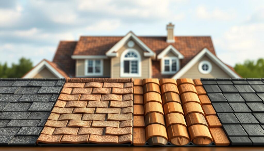 A side-by-side comparison of popular roofing materials, showcasing their distinct textures, colors, and installation methods. In the foreground, neatly arranged samples of asphalt shingles, metal panels, clay tiles, and cedar shakes, illuminated by soft, diffused lighting. The middle ground features a photorealistic architectural rendering of a residential home, allowing viewers to envision how each material would appear on a real roof. The background gently blurs, drawing the eye to the material samples and highlighting their unique characteristics. The overall composition exudes a sense of informative clarity, guiding the viewer through the nuances of roofing material selection.