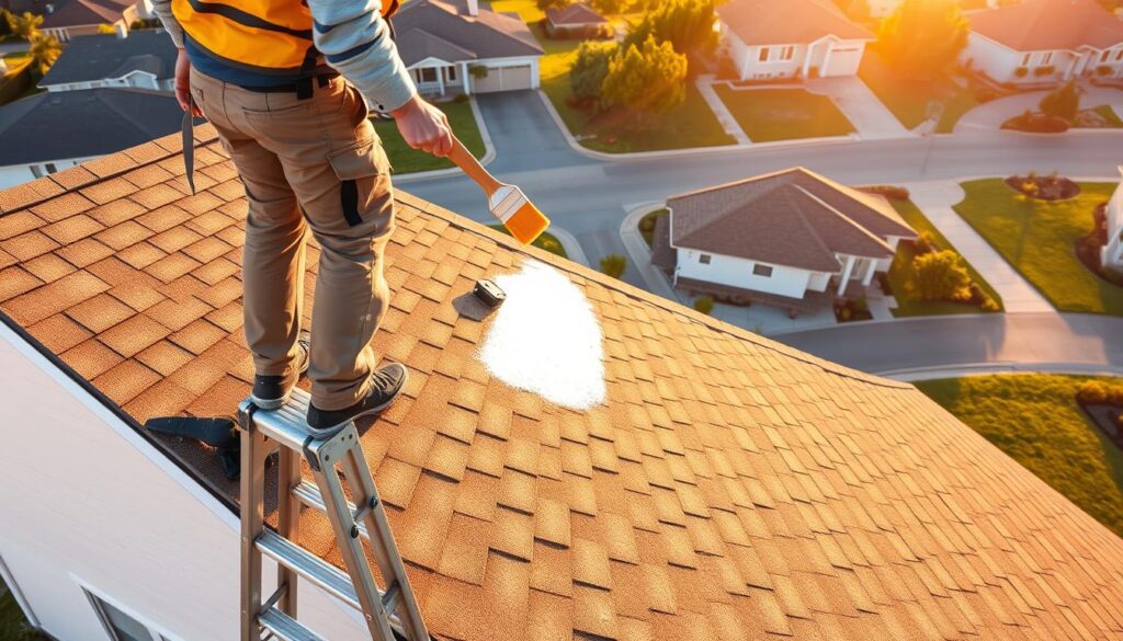 A skilled roofing specialist, standing tall on a ladder, paintbrush in hand, carefully applying a fresh coat of paint to the angled surface of a residential roof. The sun casts a warm, golden glow, illuminating the intricate patterns of the shingles. In the background, a well-maintained suburban neighborhood stretches out, with neatly trimmed lawns and tidy homes. The scene conveys a sense of diligence, expertise, and pride in a job well done, reflecting the care and attention required to ensure a flawless roof renovation.