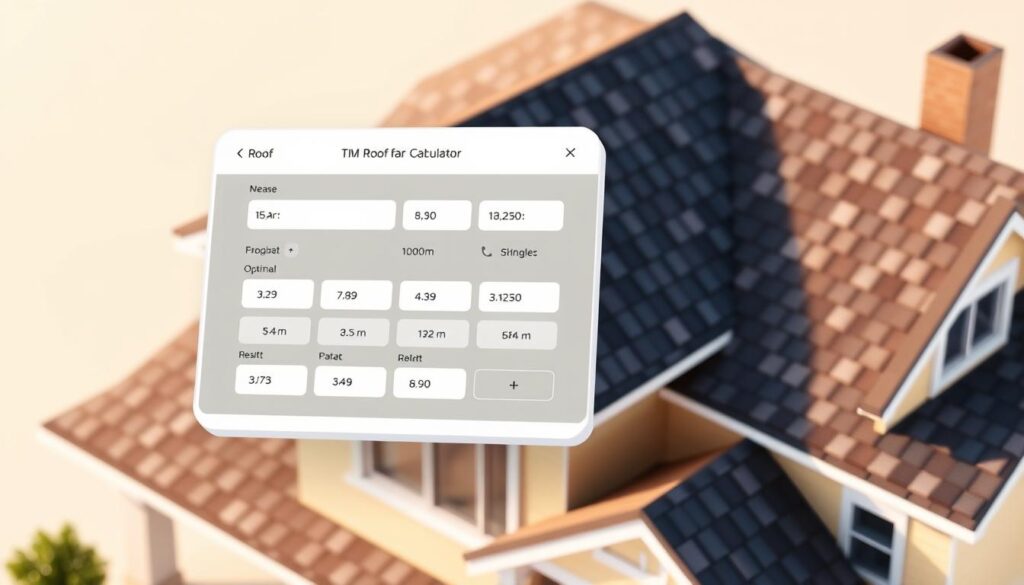 A sleek, modern roof calculator interface floating above a detailed 3D model of a residential house, with a roof composed of individual shingles. The calculator features intuitive controls, displaying key measurements and calculations to determine the optimal number of shingles required. The scene is bathed in warm, natural lighting, creating a sense of practicality and ease of use. The overall composition emphasizes the utility and precision of the calculator tool, making it an essential resource for homeowners and contractors planning a roofing project.