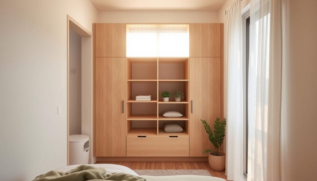 A small, cozy bedroom with a well-designed, space-saving wardrobe as the focal point. Soft, natural lighting filters through sheer curtains, casting a warm glow over the room. The wardrobe, made of light-colored wood, features clean, minimalist lines and integrated storage solutions, maximizing the available space. The room's layout emphasizes functionality, with the wardrobe positioned strategically to create a sense of flow and balance. Textured accents, such as a plush rug and a few decorative plants, add warmth and character to the space, resulting in a harmonious and practical solution for a compact bedroom.