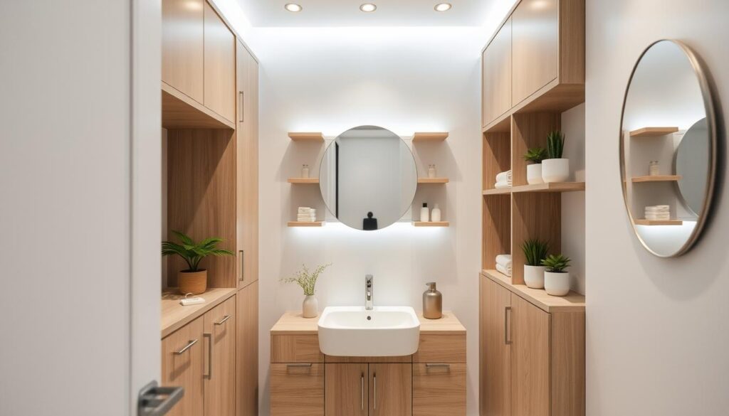A small, well-organized bathroom with efficient storage solutions. Clean, minimalist shelves and cabinets line the walls, maximizing the available space. Soft, diffused lighting creates a serene, relaxing atmosphere. A neutral color palette of whites, grays, and natural wood tones conveys a sense of calm and balance. Carefully selected decorative accents, such as potted plants or a sleek mirror, add a touch of style without cluttering the room. The overall impression is of a functional, visually appealing space that makes the most of its compact dimensions.