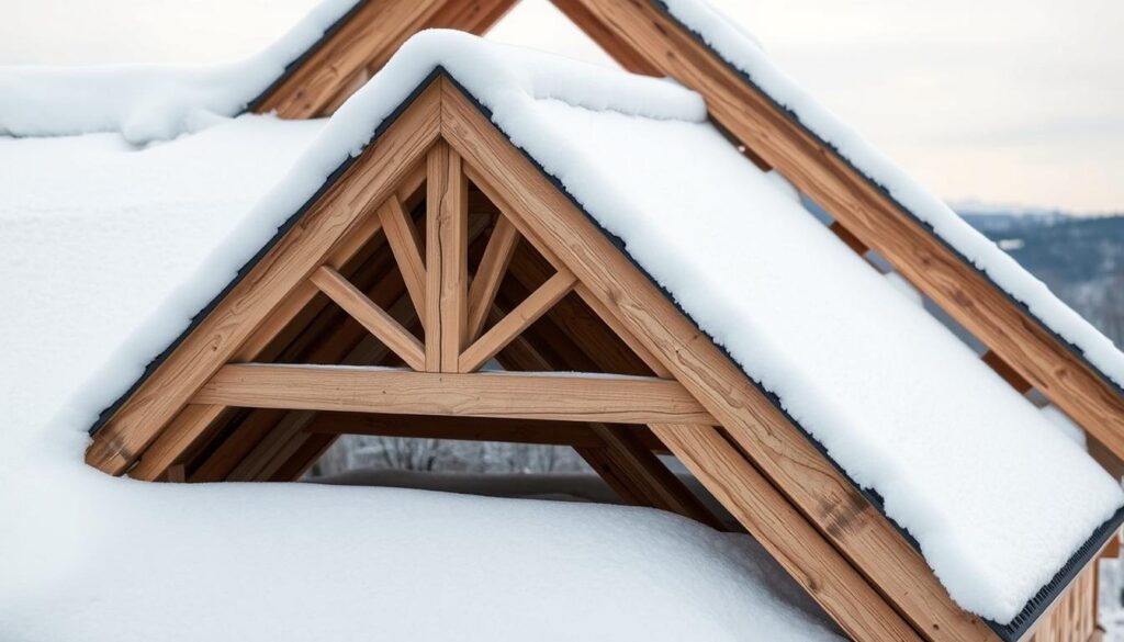 A snow-covered roof, the weight of winter pressing down on sturdy wooden rafters. In the foreground, a detailed cross-section reveals the intricate structure, with beams and trusses bracing against the heavy load. The scene is bathed in a soft, diffuse light, capturing the muted tones of the weathered timber and the delicate texture of the accumulated snow. In the background, a blurred landscape hints at the broader context, emphasizing the importance of accounting for regional climate conditions when designing a durable, two-pitched roof. This image conveys the technical considerations and environmental factors that must be carefully weighed when calculating the required rafter length for a residential roofing project.