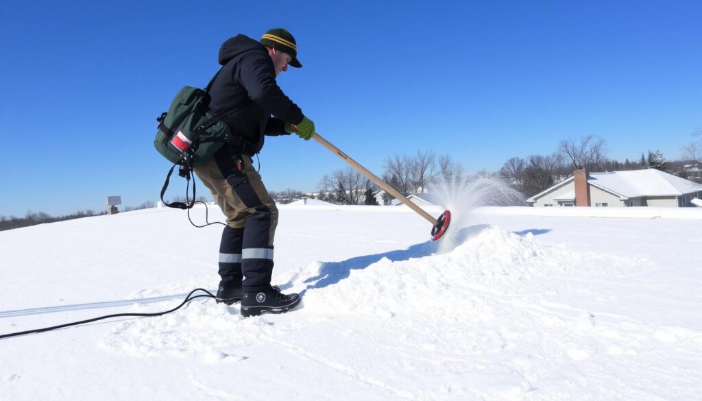 A snow-covered rooftop on a clear winter day, with a person carefully maneuvering a long-handled tool to safely remove the snow from the flat surface. The image should convey a sense of caution and expertise, with the worker taking measured steps and utilizing a broom-like device to gently sweep the snow off the roof, without any direct physical contact. The background should feature a crisp, blue sky and perhaps a glimpse of the surrounding neighborhood, emphasizing the residential setting. The lighting should be natural and bright, highlighting the texture of the snow and the details of the safety equipment used. The overall mood should be one of controlled efficiency and responsible snow removal, demonstrating the recommended "touch-free" approach to clearing a flat roof. A snow-covered rooftop on a clear winter day, with a person carefully maneuvering a long-handled tool to safely remove the snow from the flat surface. The image should convey a sense of caution and expertise, with the worker taking measured steps and utilizing a broom-like device to gently sweep the snow off the roof, without any direct physical contact. The background should feature a crisp, blue sky and perhaps a glimpse of the surrounding neighborhood, emphasizing the residential setting. The lighting should be natural and bright, highlighting the texture of the snow and the details of the safety equipment used. The overall mood should be one of controlled efficiency and responsible snow removal, demonstrating the recommended "touch-free" approach to clearing a flat roof.
