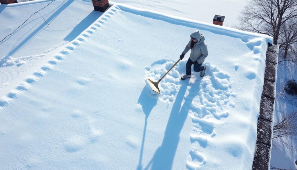 A snow-covered rooftop on a clear winter day, with a person in warm winter gear carefully removing snow with a long-handled snow shovel. The scene is illuminated by natural daylight, casting long shadows across the snowy surface. The camera angle is slightly elevated, providing a bird's-eye view of the rooftop and the person's actions. The atmosphere is crisp and serene, with a sense of quiet focus and safety as the person undertakes the task of clearing the roof. A snow-covered rooftop on a clear winter day, with a person in warm winter gear carefully removing snow with a long-handled snow shovel. The scene is illuminated by natural daylight, casting long shadows across the snowy surface. The camera angle is slightly elevated, providing a bird's-eye view of the rooftop and the person's actions. The atmosphere is crisp and serene, with a sense of quiet focus and safety as the person undertakes the task of clearing the roof.