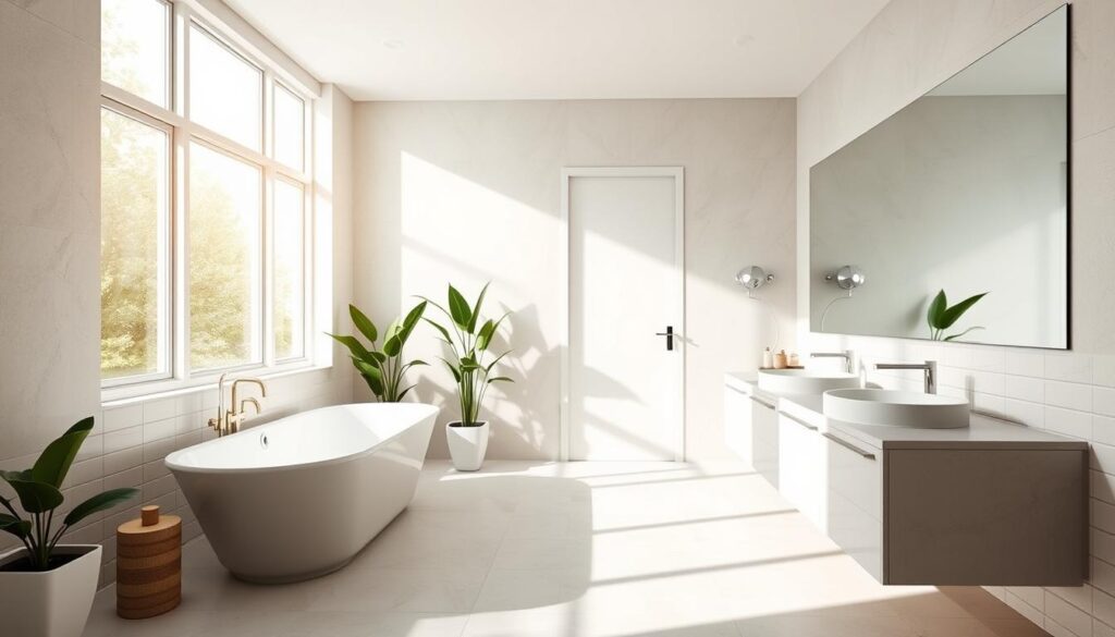 A spacious, modern bathroom with a clean, minimalist design. Bright, natural lighting streams in through large windows, illuminating a sleek, freestanding bathtub and a vanity with a modern, rectangular sink. The walls are adorned with elegant, subway-style tiles in a soothing, neutral color palette. Lush, potted plants add a touch of greenery, while a large, frameless mirror reflects the room's airy, serene atmosphere. The overall impression is one of contemporary sophistication and a spa-like ambiance, offering inspiration for contemporary bathroom design.