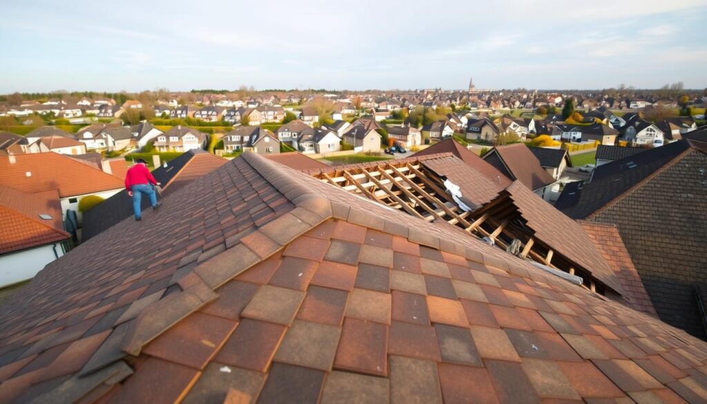 A sprawling construction site, with workers diligently replacing a residential roof. In the foreground, a close-up view showcases the intricate process of laying new shingles, each one meticulously aligned. The middle ground reveals the partially dismantled roof, exposing the underlying structure and the laborious task of removing the old material. In the background, a picturesque suburban neighborhood sets the scene, highlighting the importance of this roofing project. Soft, warm lighting illuminates the scene, casting gentle shadows and creating a sense of productivity and purpose. The overall composition conveys the skilled labor and careful attention required for a successful roof replacement, reflecting the "Koszty robocizny i różnice między przełożeniem a pełną wymianą" section of the article. A sprawling construction site, with workers diligently replacing a residential roof. In the foreground, a close-up view showcases the intricate process of laying new shingles, each one meticulously aligned. The middle ground reveals the partially dismantled roof, exposing the underlying structure and the laborious task of removing the old material. In the background, a picturesque suburban neighborhood sets the scene, highlighting the importance of this roofing project. Soft, warm lighting illuminates the scene, casting gentle shadows and creating a sense of productivity and purpose. The overall composition conveys the skilled labor and careful attention required for a successful roof replacement, reflecting the "Koszty robocizny i różnice między przełożeniem a pełną wymianą" section of the article.