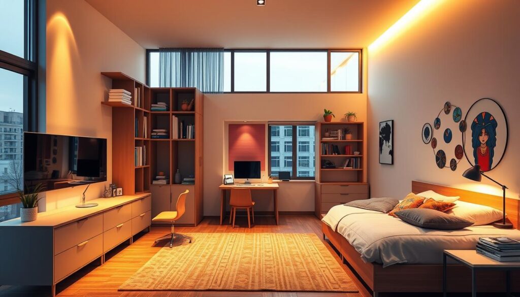 A stylish and functional teenage bedroom, showcasing a modern layout with a cozy lounge area, a sleek study nook, and a comfortable sleeping zone. Warm lighting illuminates the space, creating a relaxed ambiance. The room features a neutral color palette with pops of vibrant accents, reflecting the young occupant's personality. Streamlined furniture and clean lines dominate the design, while strategically placed shelves and storage solutions maximize the available space. Large windows allow natural light to flood the room, enhancing the sense of openness and airiness. Overall, the scene depicts a harmonious and inspiring environment tailored for a young individual's needs and preferences.