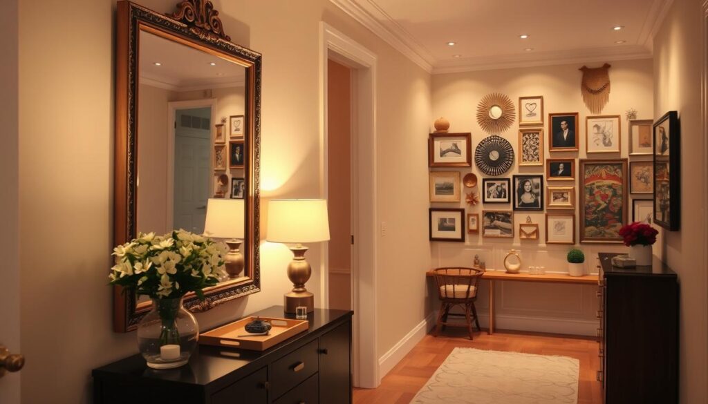 A stylishly arranged hallway, bathed in warm, diffused lighting that casts a cozy, inviting ambiance. In the foreground, a statement console table with minimalist yet elegant decor pieces - a vase of fresh flowers, a decorative tray, and a sleek table lamp. The middle ground features a large, ornate mirror that reflects the scene, creating a sense of depth and visual interest. The background showcases a carefully curated gallery wall, featuring a harmonious arrangement of framed artwork, photographs, and decorative wall hangings in a cohesive color palette. The overall atmosphere evokes a refined, sophisticated, and visually stimulating space that inspires and delights the senses.