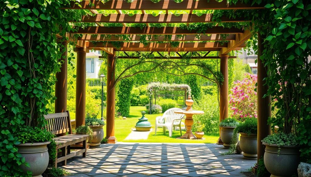 A sun-dappled pergola nestled amid verdant foliage, its wooden beams intertwined with lush climbing vines. The foreground features a charming seating area, with rustic furniture and decorative planters overflowing with trailing greenery. A picturesque stone pathway leads the eye towards the middle ground, where the pergola's intricate lattice casts dynamic shadows upon the ground. In the background, a verdant garden scene unfolds, with vibrant flowers and shrubs creating a tranquil, secluded atmosphere. Warm, natural lighting filters through the pergola, casting a gentle glow and inviting the viewer to step into this peaceful, plant-filled sanctuary. A sun-dappled pergola nestled amid verdant foliage, its wooden beams intertwined with lush climbing vines. The foreground features a charming seating area, with rustic furniture and decorative planters overflowing with trailing greenery. A picturesque stone pathway leads the eye towards the middle ground, where the pergola's intricate lattice casts dynamic shadows upon the ground. In the background, a verdant garden scene unfolds, with vibrant flowers and shrubs creating a tranquil, secluded atmosphere. Warm, natural lighting filters through the pergola, casting a gentle glow and inviting the viewer to step into this peaceful, plant-filled sanctuary.