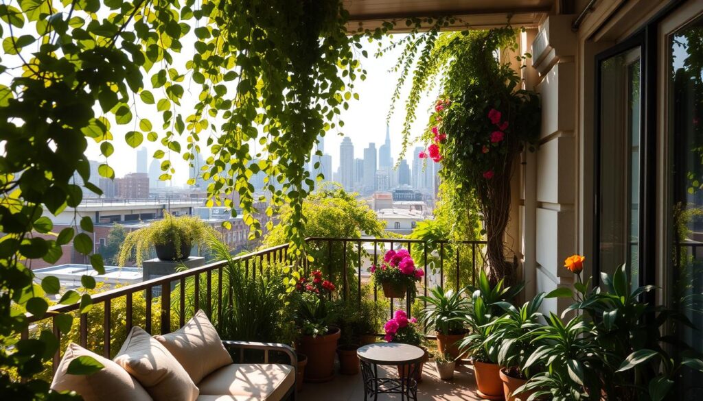 A sun-drenched balcony, filled with lush greenery and vibrant flowers. In the foreground, a cozy seating area with plush cushions and a small decorative table. Trailing vines cascade over the metal railing, casting delicate shadows. In the middle ground, a mix of potted plants in various sizes and shapes, arranged harmoniously. The background showcases the cityscape beyond, with skyscrapers and rooftops visible through the verdant foliage. Warm, natural lighting bathes the scene, creating a serene and inviting atmosphere. The overall impression is one of a tranquil urban oasis, a perfect blend of nature and modern living.