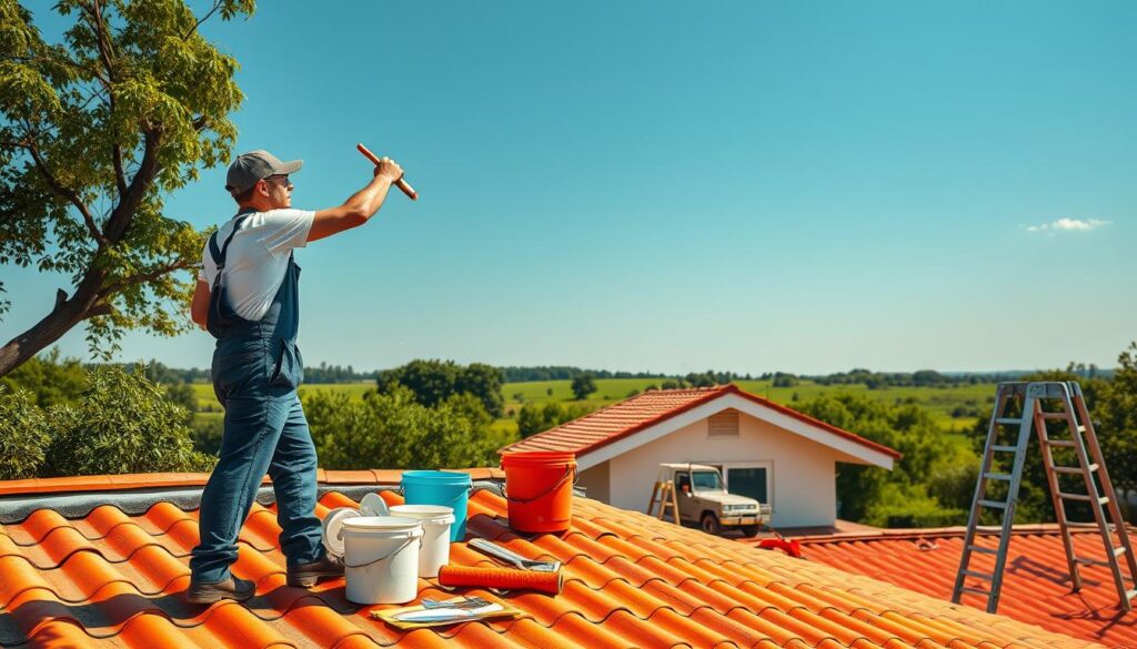 A sun-drenched rooftop with a small house, showcasing the painting process. In the foreground, a worker in overalls carefully applies a brush of vibrant paint to the roof tiles. Mid-ground, various painting tools and supplies are neatly organized, including buckets, rollers, and ladders. The background features a lush, verdant landscape, with trees and a clear blue sky, conveying a sense of tranquility. The lighting is natural and warm, casting gentle shadows and highlights across the scene. The overall mood is one of diligence, efficiency, and the pride of a job well done.