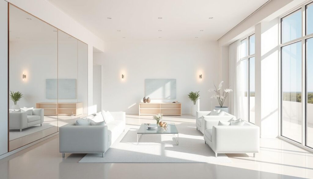 A sun-drenched room with light, airy colors and minimalist furnishings. Strategically placed mirrors and glass surfaces reflect and amplify the natural light, creating an illusion of expanded space. Sleek, low-profile furniture in shades of white and pastel blue float effortlessly, unencumbered by visual clutter. Carefully angled lighting fixtures cast a warm, diffused glow, accentuating the sense of openness and depth. The overall atmosphere is one of serene luminosity, where the boundaries between interior and exterior blur, optically enlarging the perceived volume of the space.