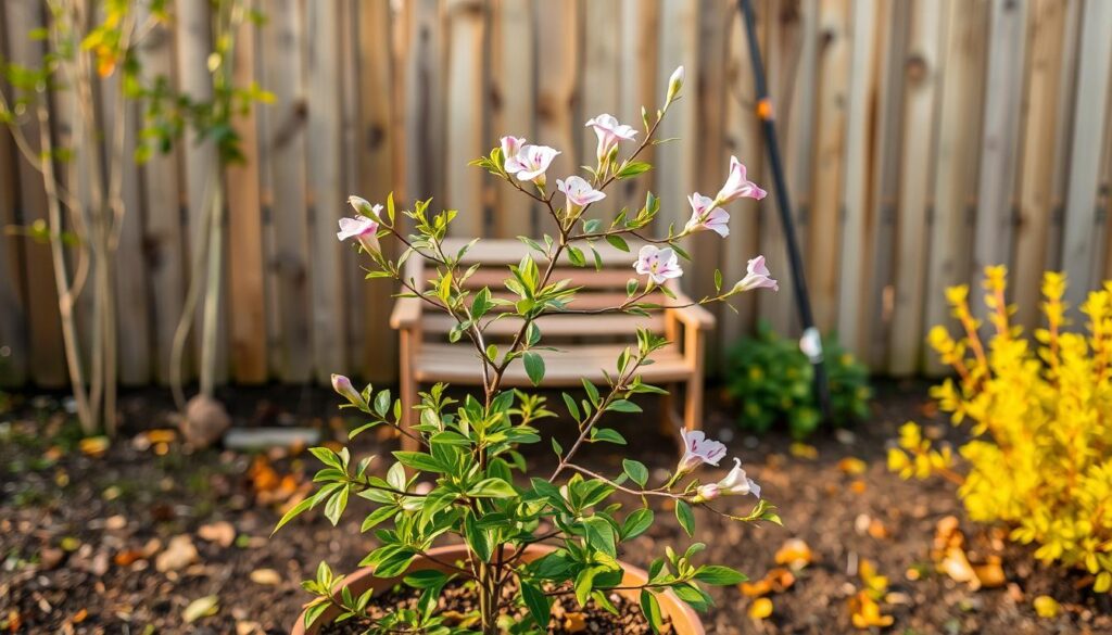 A tidy garden in autumn, the focus on a potted oleander plant. In the foreground, delicate green leaves and pink blossoms stand out against a backdrop of warm earth tones. The oleander is positioned centrally, its branches gently swaying in a light breeze. In the middle ground, a small wooden bench provides a cozy resting spot. The background reveals a wooden fence, its weathered planks adding texture and depth. Soft, diffused lighting casts a golden glow, creating an atmosphere of peaceful preparation for the coming winter. The scene conveys a sense of care and attention as the oleander is readied for the colder months ahead.