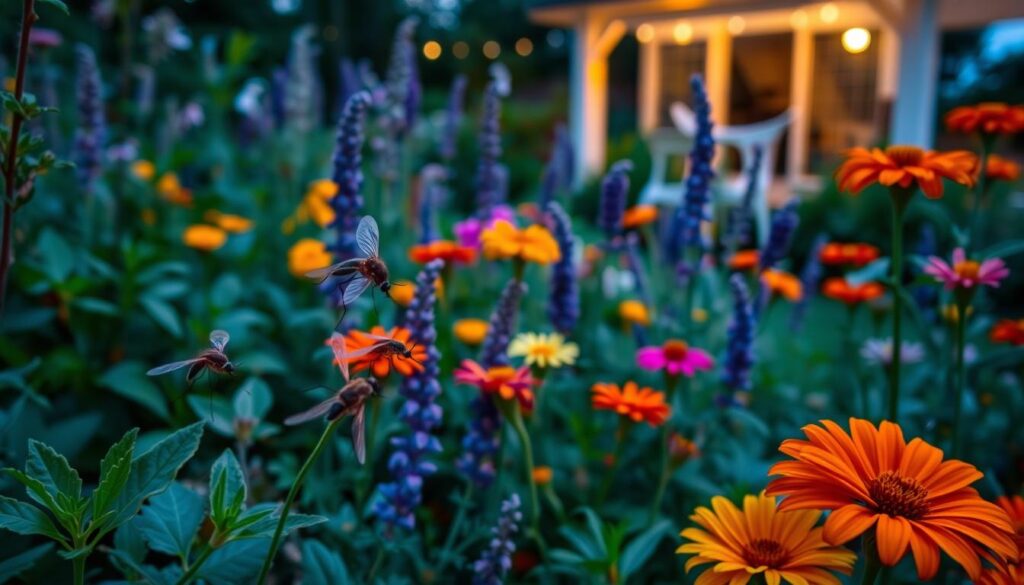 A tranquil garden scene at dusk, with lush foliage and vibrant flowers. In the foreground, a group of mosquitoes are depicted in close-up, their delicate features and translucent wings meticulously rendered. The middle ground showcases various natural mosquito repellent plants, such as citronella, lavender, and marigolds, creating a harmonious and visually appealing composition. The background features a serene, softly-lit outdoor setting, with a warm, inviting atmosphere that suggests a peaceful evening in the garden, free from the nuisance of mosquitoes.